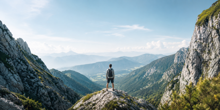 Person with backpack standing in the Mountains with a view.